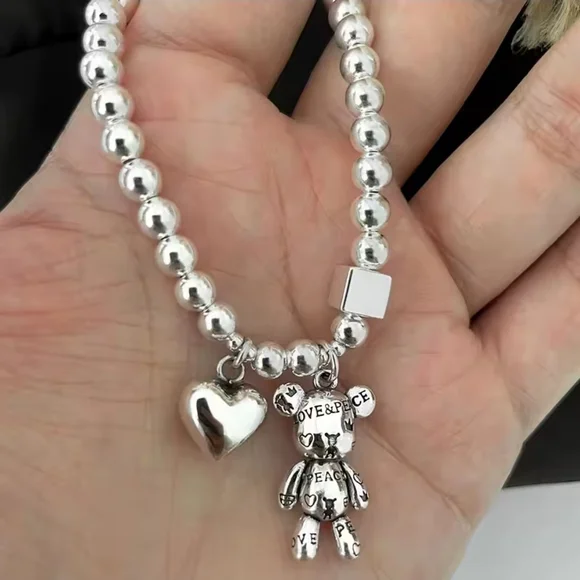 Silver Beaded Charm Bracelet with Teddy and Heart Charms - Picture 4 of 5